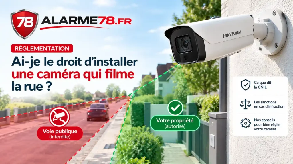 Infographie réglementation vidéosurveillance : zone autorisée sur propriété privée et zone interdite sur la voie publique - Alarme78
